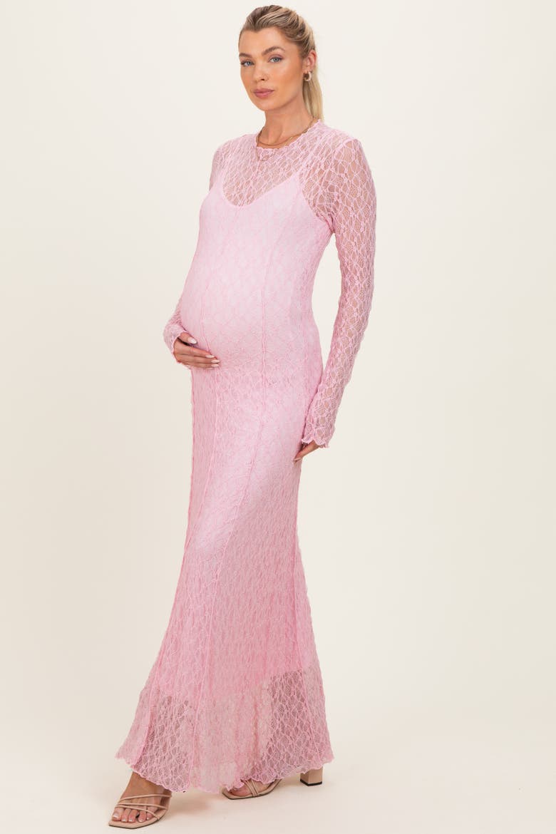 Lace Mock Neck Long Sleeve Maxi Dress, Alternate, color, Light Pink