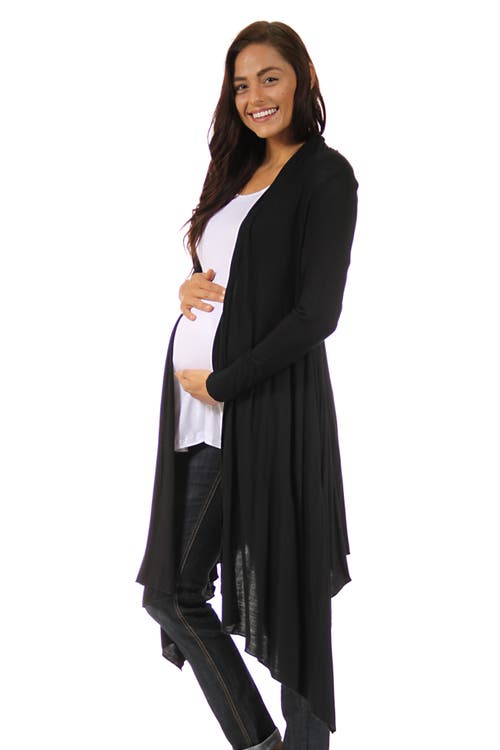 24seven Comfort Apparel Extra Long Open Front Maternity Cardigan In Black