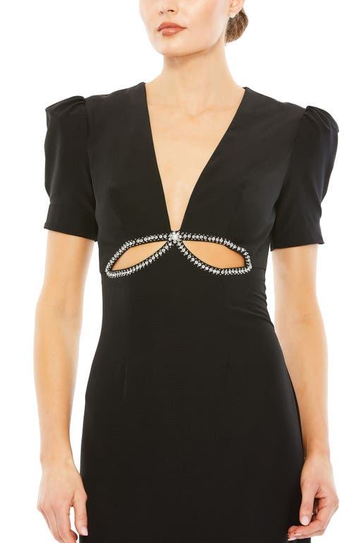 Mac Duggal Puff Sleeve Embellished Cutout Evening Gown In Black
