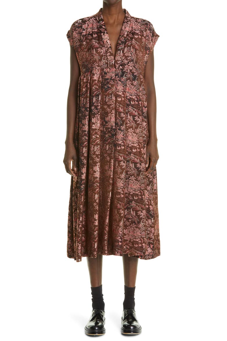 Metallic Brocade Midi Dress, Main, color, BLACK