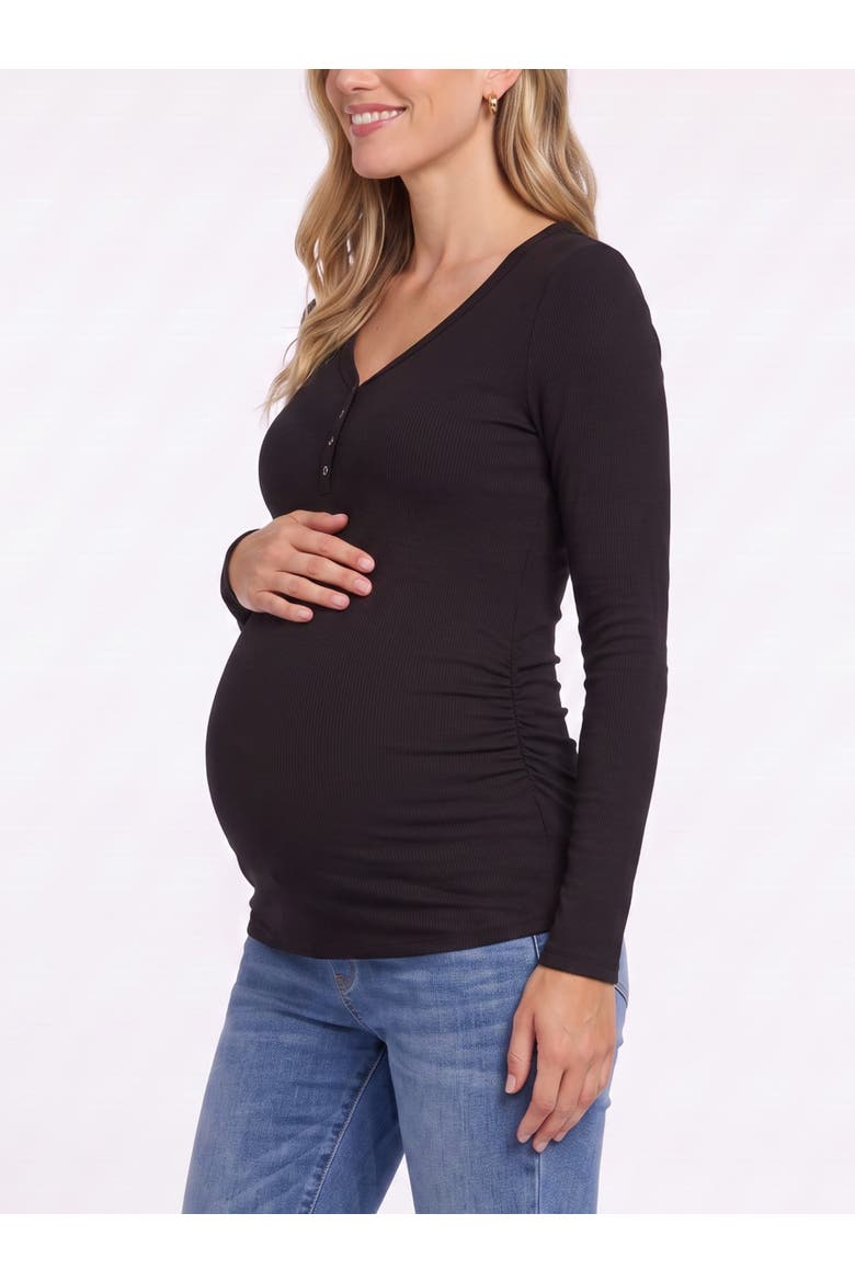 V-Neck Side-Ruched Long Sleeve Henley Tee, Alternate, color, Black