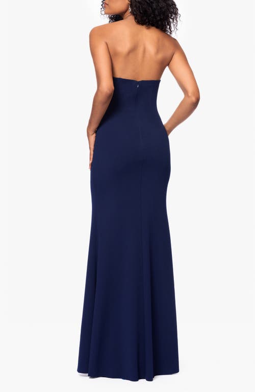 Betsy & Adam Beaded Floral Detail Strapless Scuba Crepe Gown In Navy