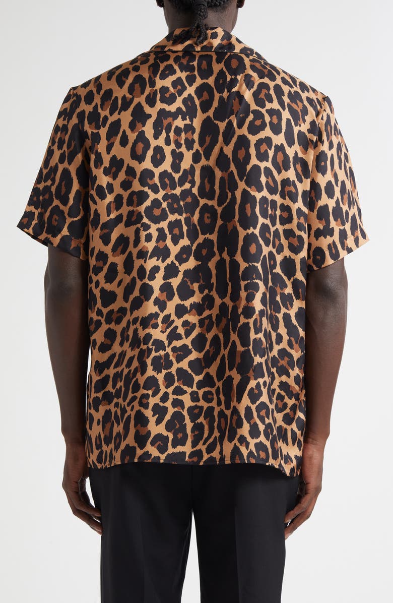 Balmain Leopard Print Silk Button-Up Pyjama Shirt, Alternate, color, Gba Beige/ Black