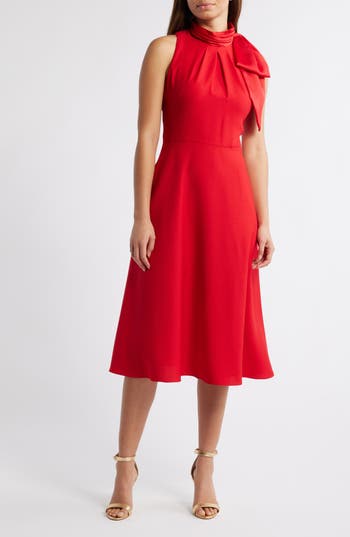 Eliza J Bow Mock Neck Fit & Flare Midi Dress In Red