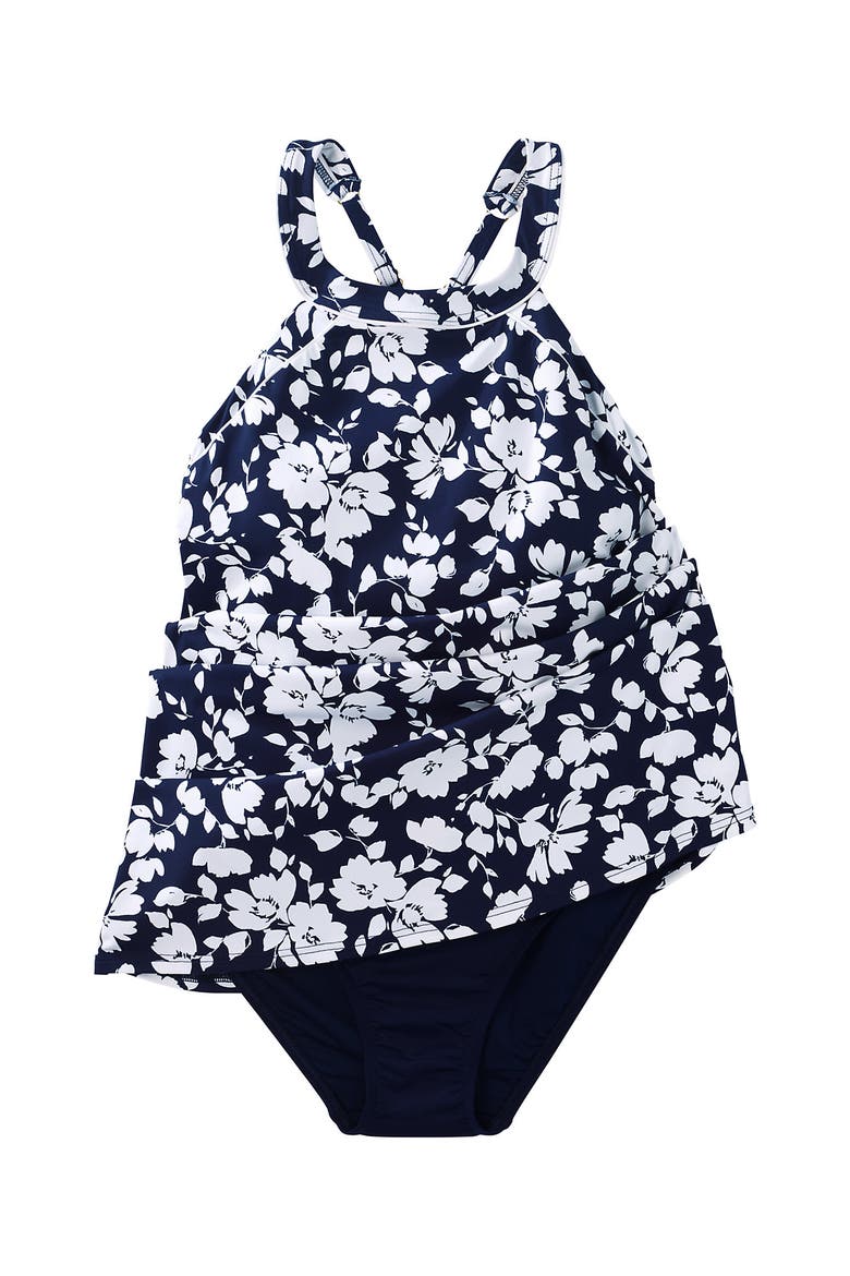 High Neck Swim Dress Swimsuit, Alternate, color, Navy Blossom Floral