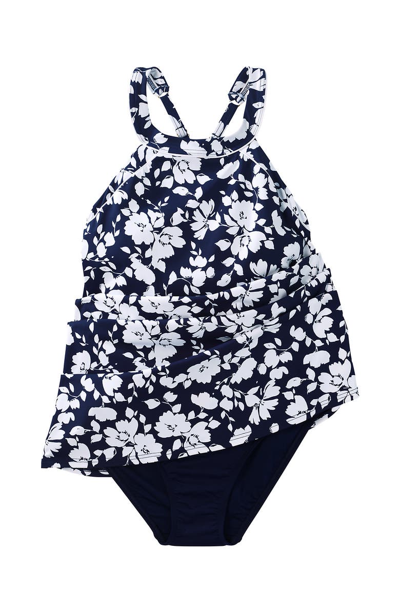 Lands' End High Neck Swim Dress Swimsuit, Alternate, color, Navy Blossom Floral