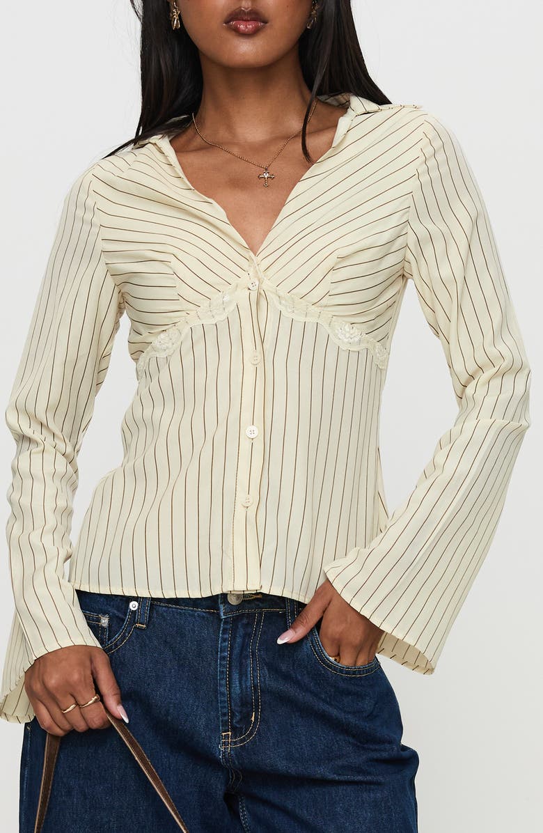 Princess Polly Life Begins Pinstripe Lace Trim Button-Up Shirt, Main, color, Cream