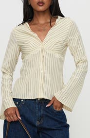 Princess Polly Life Begins Pinstripe Lace Trim Button-Up Shirt