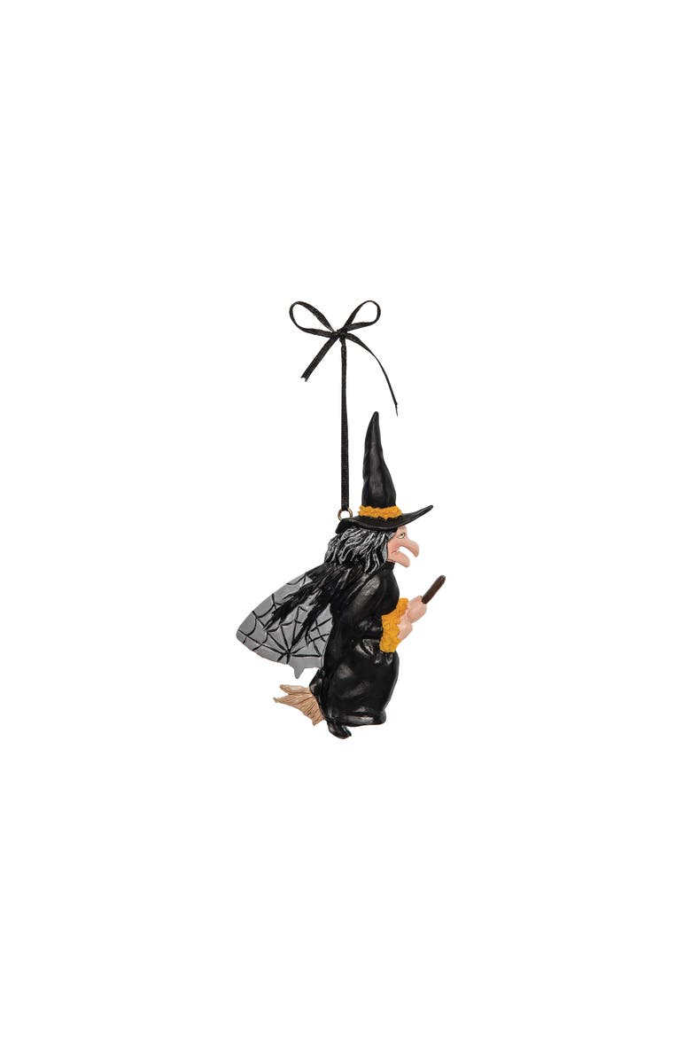 Flying Gerdy Witch on Broom Halloween Joe Spencer Gathered Traditions Ornament, Main, color, Black