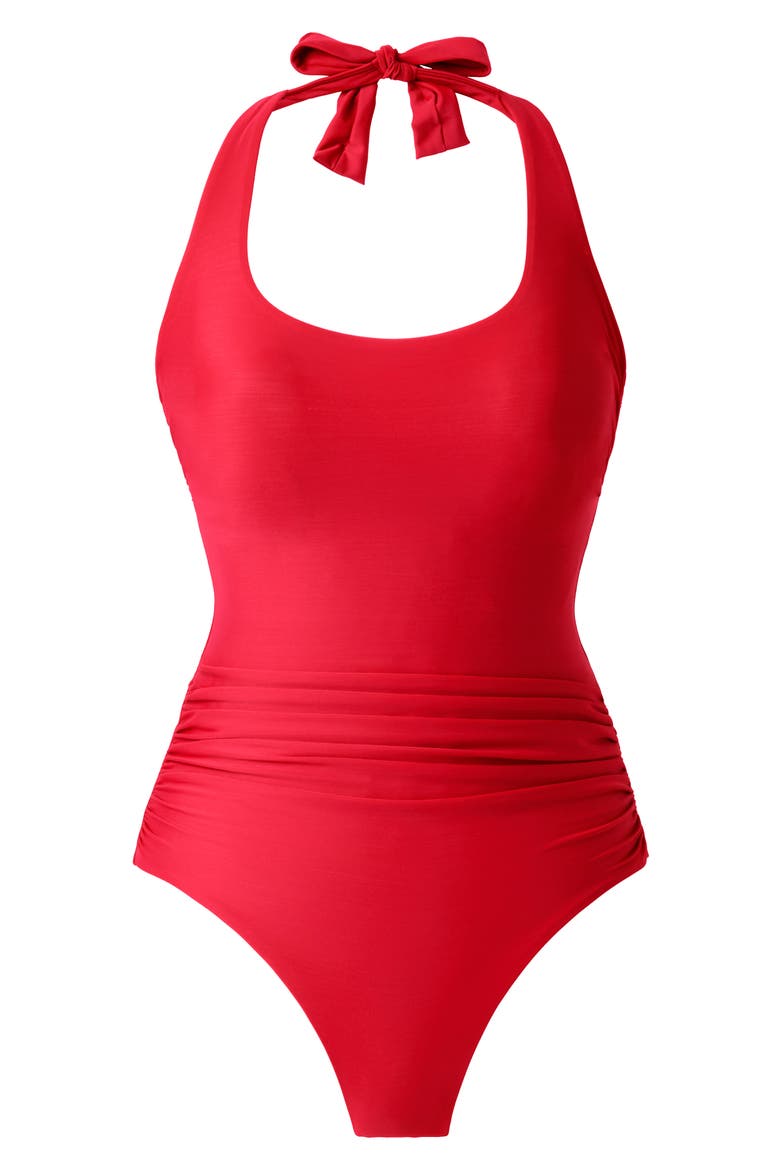 Rock Solid Utopia One-Piece Halter Swimsuit, Alternate, color, POPPY