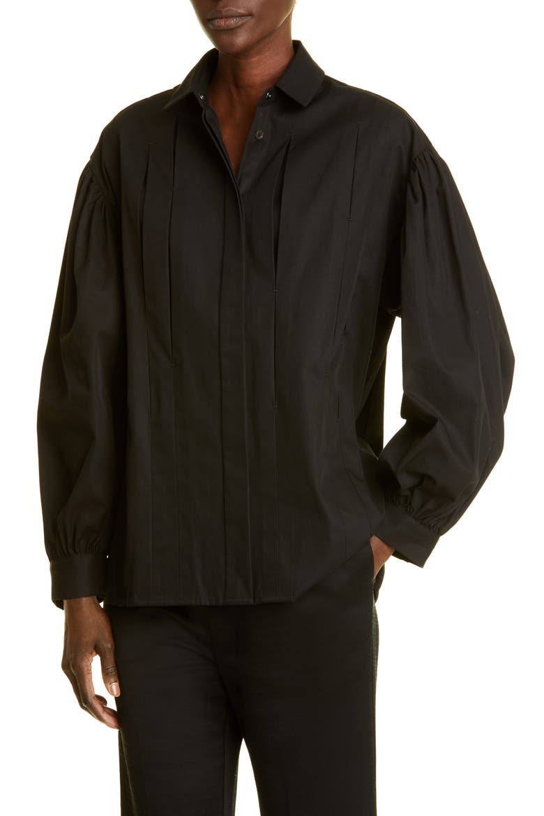 Boxy Pleated Oragnic Cotton Poplin Blouse, Alternate, color, BLACK