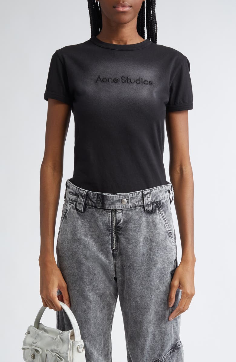 Acne Studios Etza Faded Embroidered Logo Fitted Cotton T-Shirt, Main, color, Faded Black