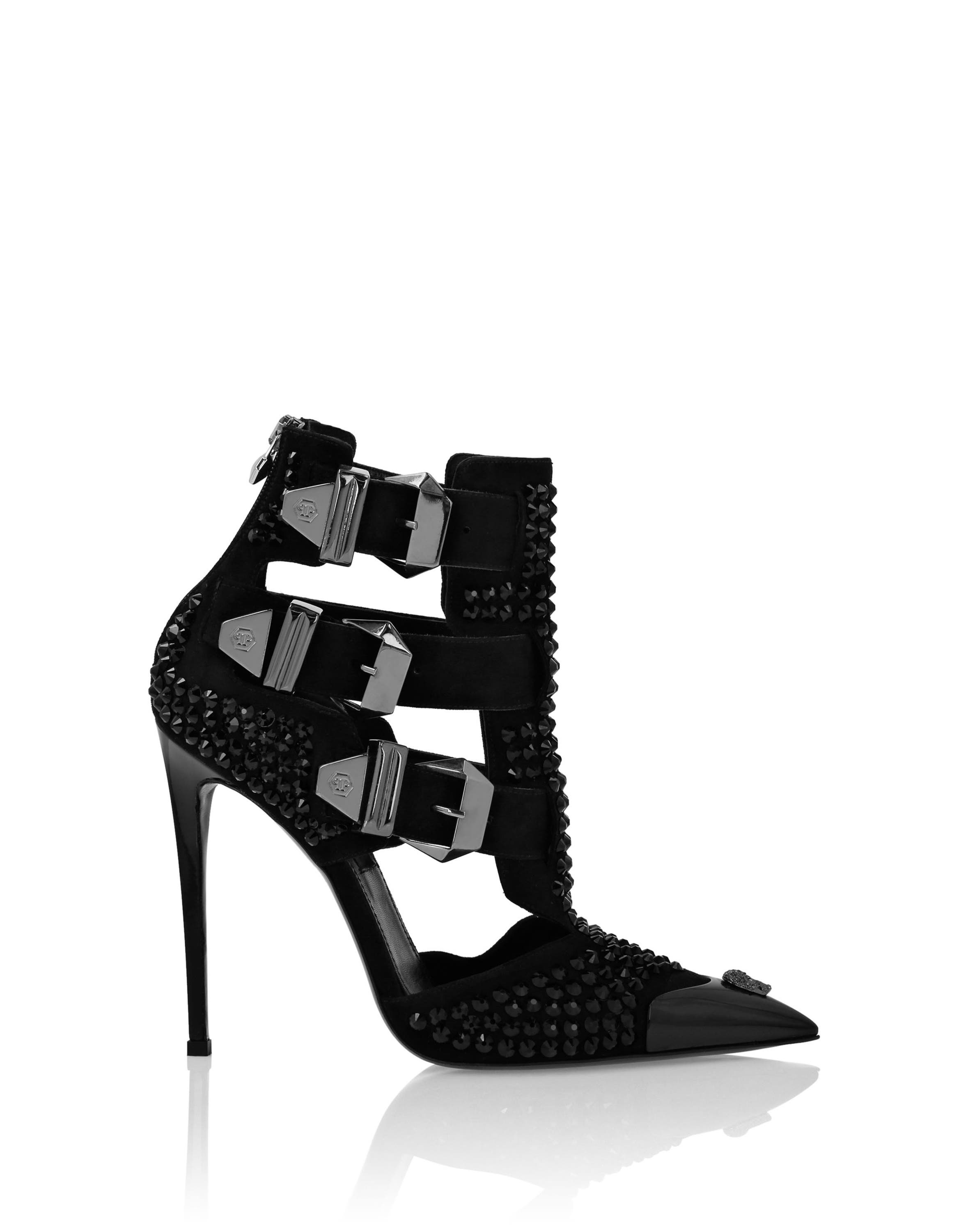 Suede Strass Sandals High Heels Skull Women, Alternate, color, black/black