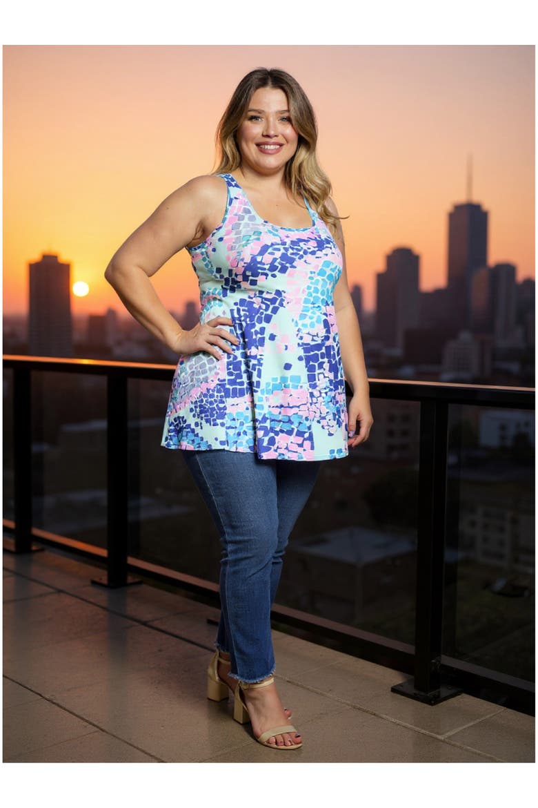 Plus Size Abstract Scoop Neck Tunic Tank Top, Alternate, color, Blue Multi