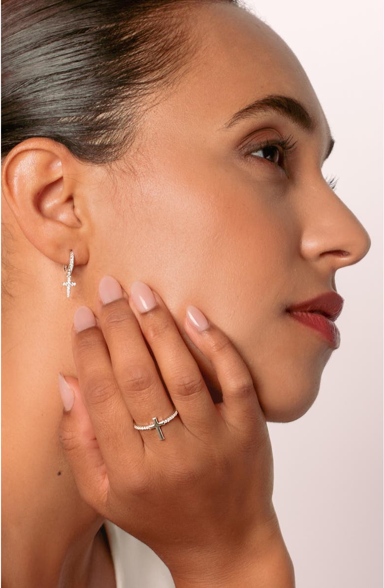 Rizen Jewelry Luminous Pavé Cross Huggie Hoop Earrings, Alternate, color, Sterling Silver
