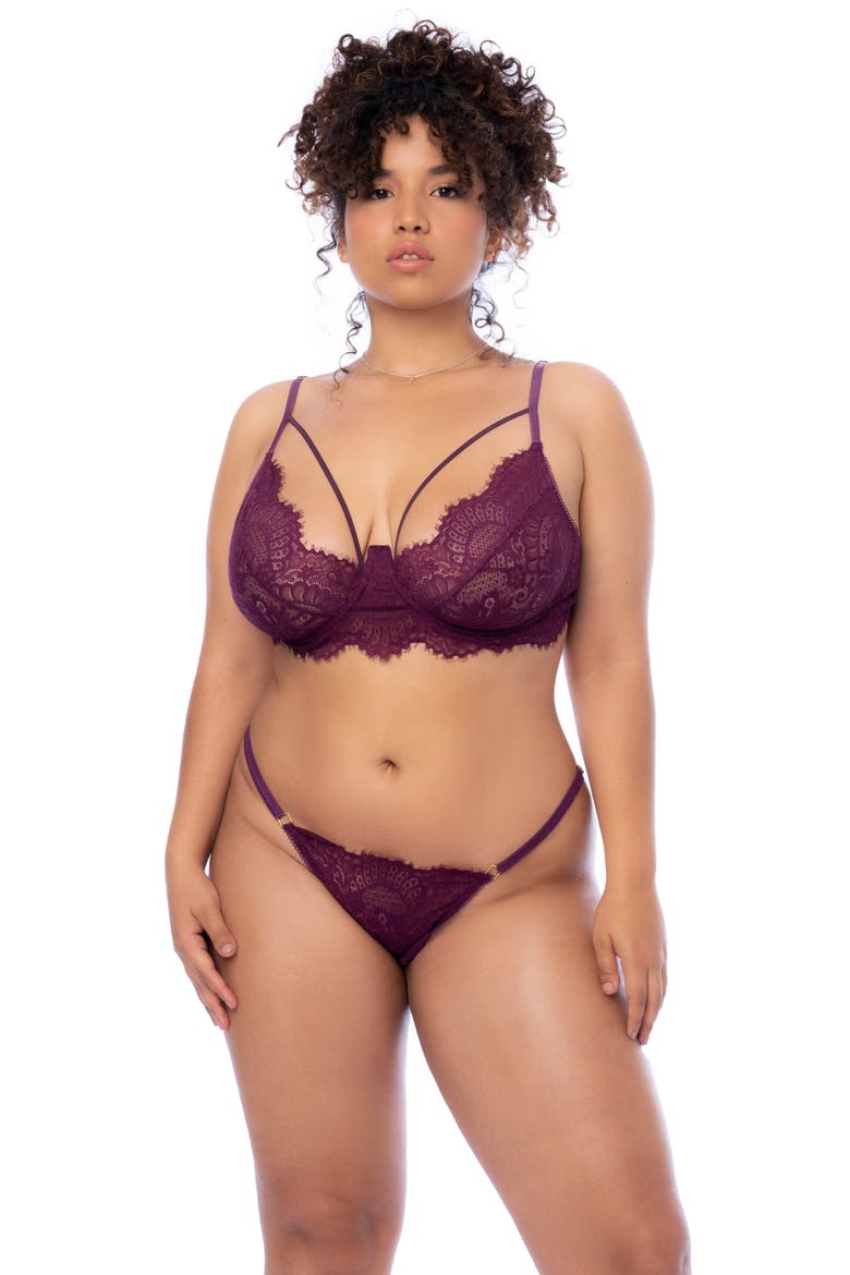 Eyelash Lace Underwire Bra, Thong & Garter Belt Set, Alternate, color, WINE