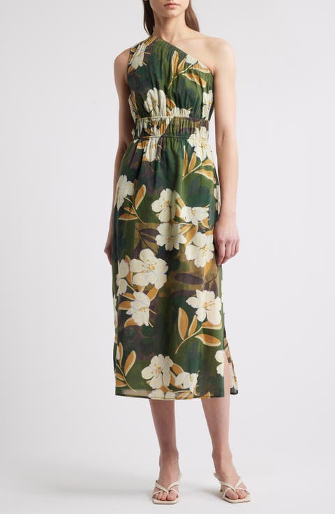 Selani Floral One-Shoulder Cotton Midi Dress