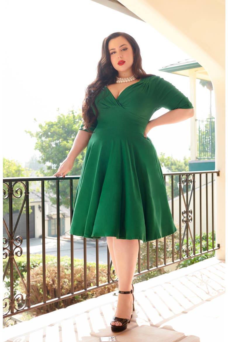 Plus Size Half Sleeve Surplice Delores Swing Dress, Alternate, color, Emerald