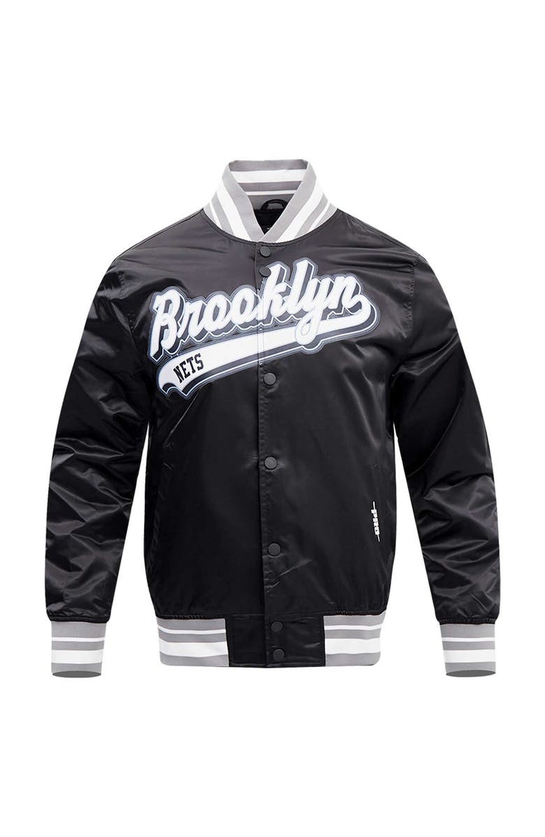 PRO STANDARD Men's Pro Standard Black Brooklyn Nets Script Tail Full-Snap Satin Varsity Jacket, Alternate, color, 