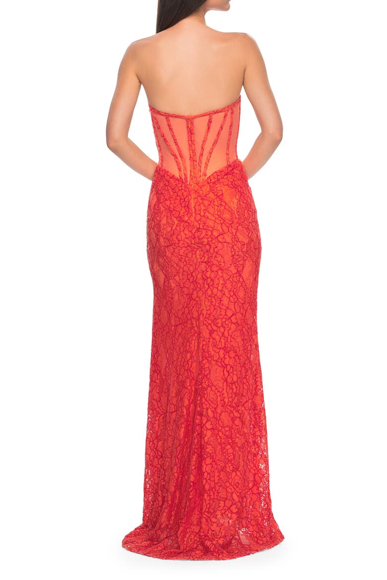 Stretch Lace Dress with Bustier Bodice and Illusion Back, Alternate, color, Papaya