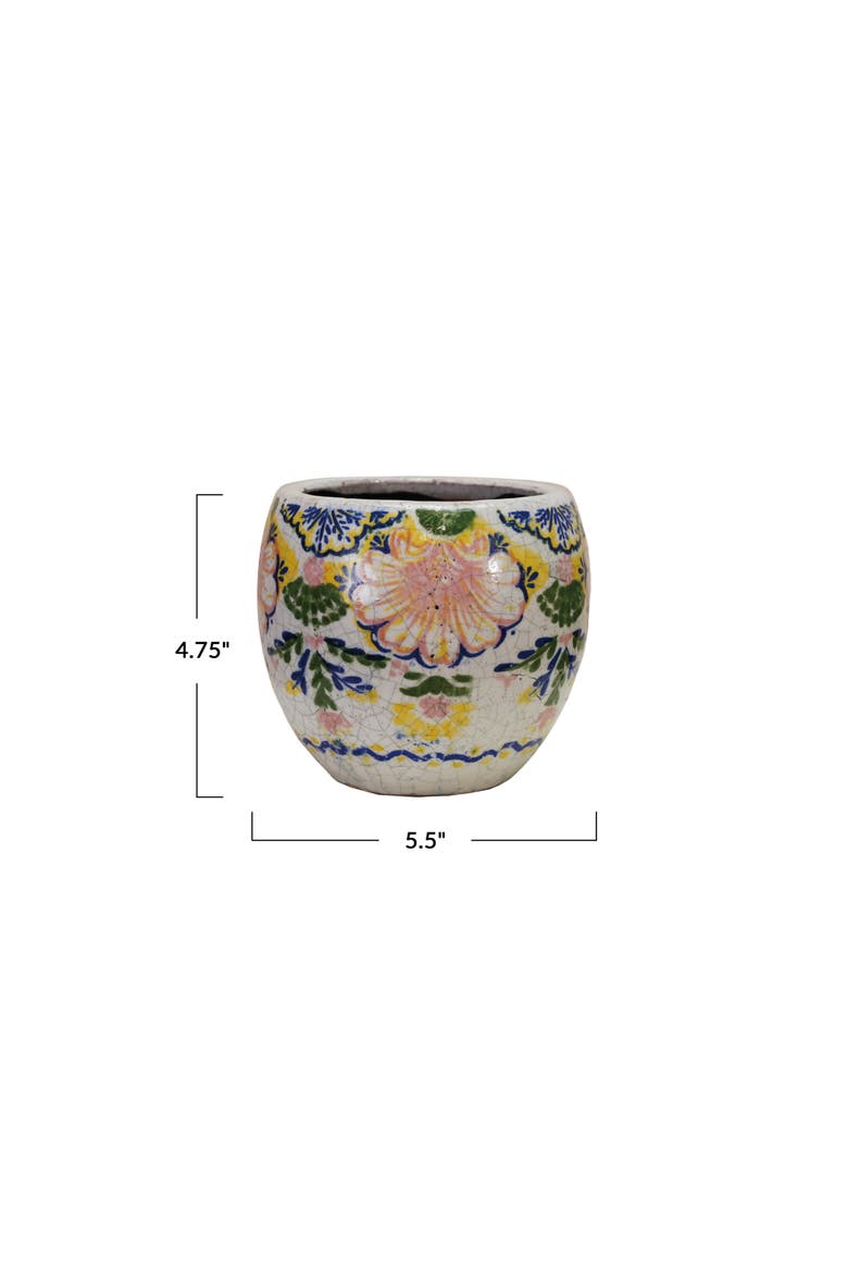 Terra-cotta Planter with Floral Pattern, Crackle Glaze, Multicolor, Alternate, color, Blue