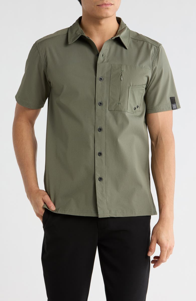 CARBON + CRAFT Water Resistant Technical Short Sleeve Button-Up Shirt, Main, color, Olive