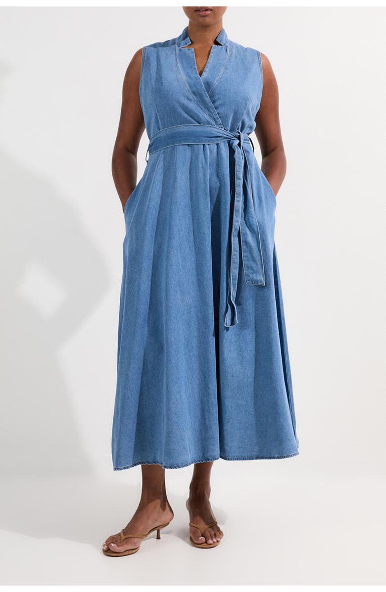 Karen Millen Belted Denim Midi Dress, Alternate, color, Mid Blue