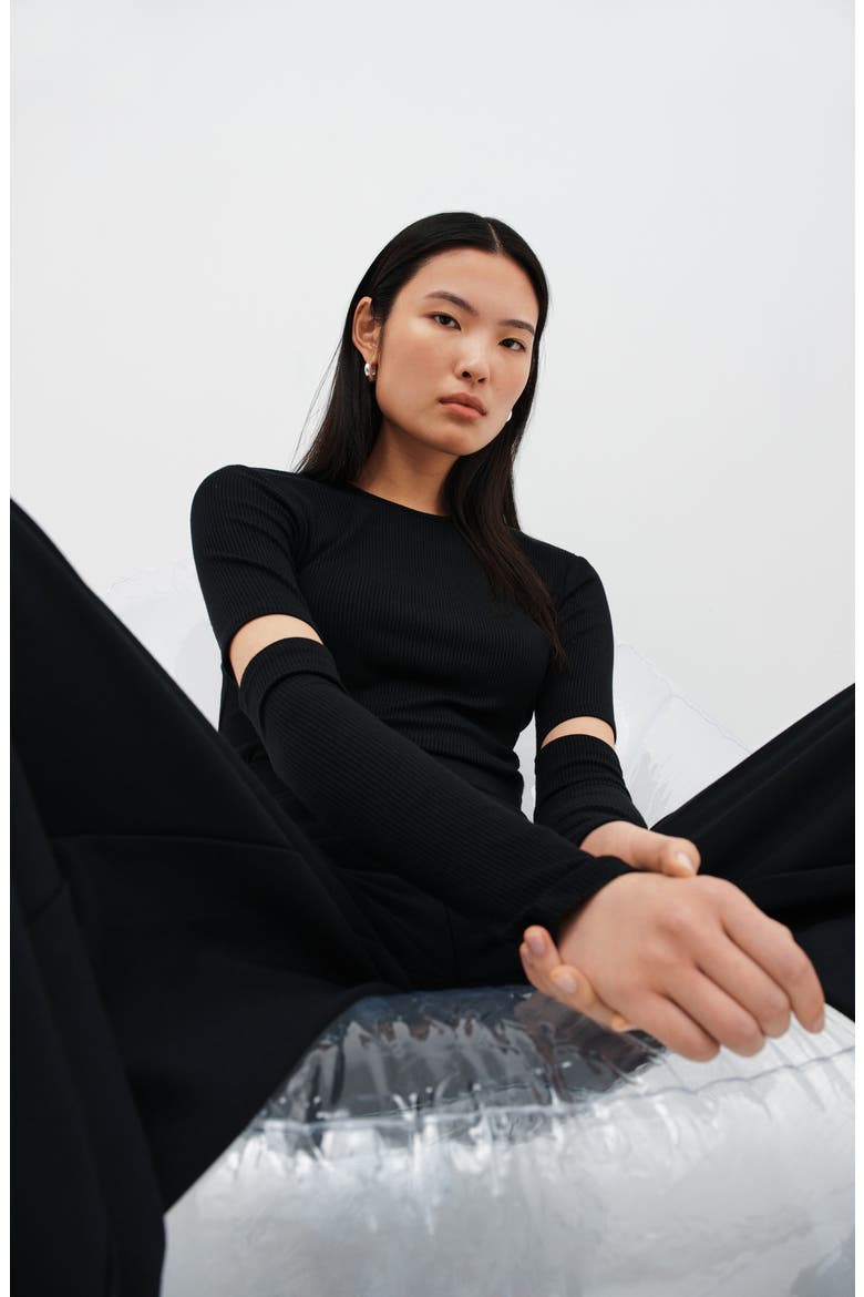 Stockholm Slit Sleeve Rib Top, Alternate, color, BLACK