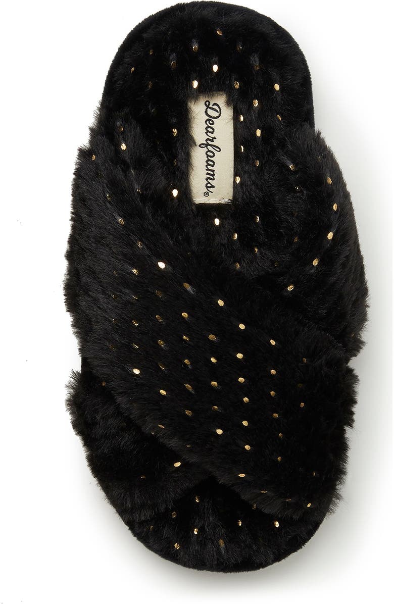 DEARFOAMS Ava Faux Fur Sparkle Crossband Slipper, Alternate, color,