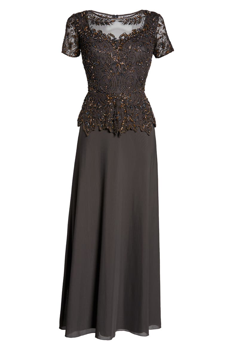 Embellished Mesh Bodice Evening Gown, Alternate, color, ASH