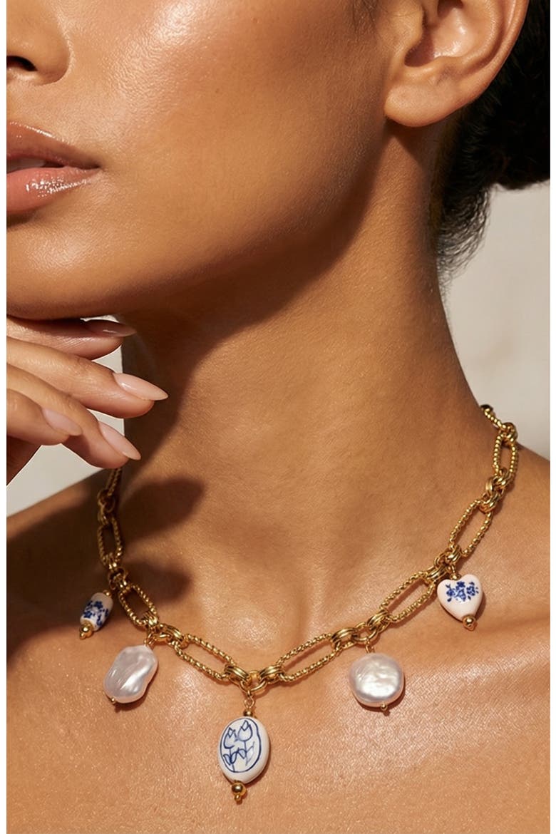 Faux Pearl Charm Necklace, Alternate, color, GOLD