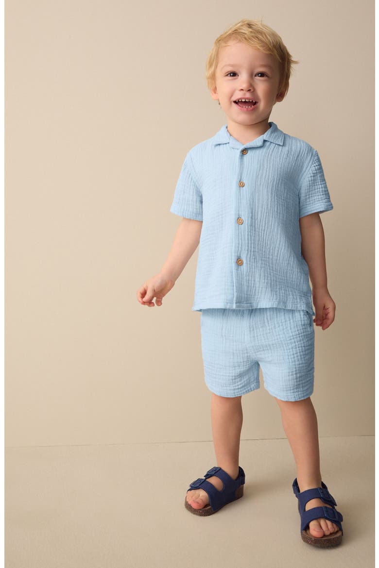 Kids' Double Cloth Cotton Button-Up Shirt & Shorts Set, Alternate, color, BLUE