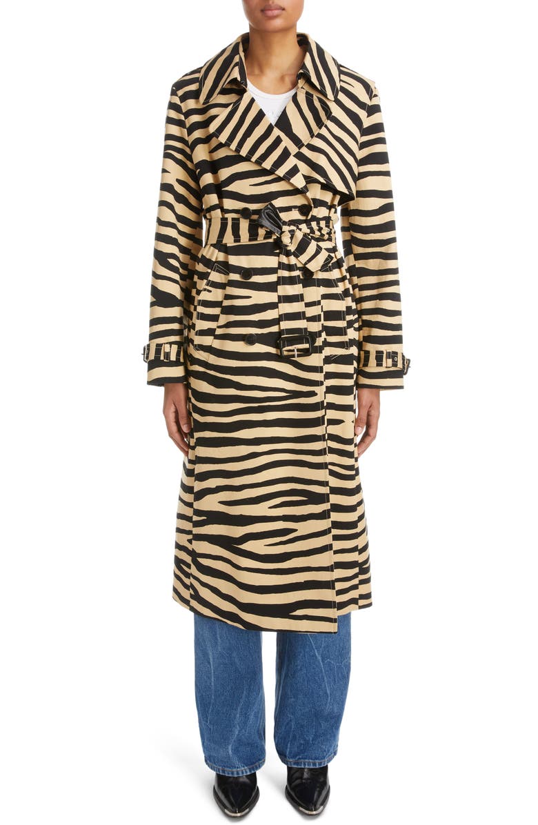 Rabanne Tiger Print Cotton Gabardine Trench Coat, Alternate, color, 