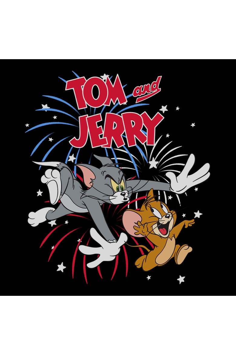 Juniors Tom and Jerry Fireworks Celebration Duo T Shirt, Alternate, color, Black
