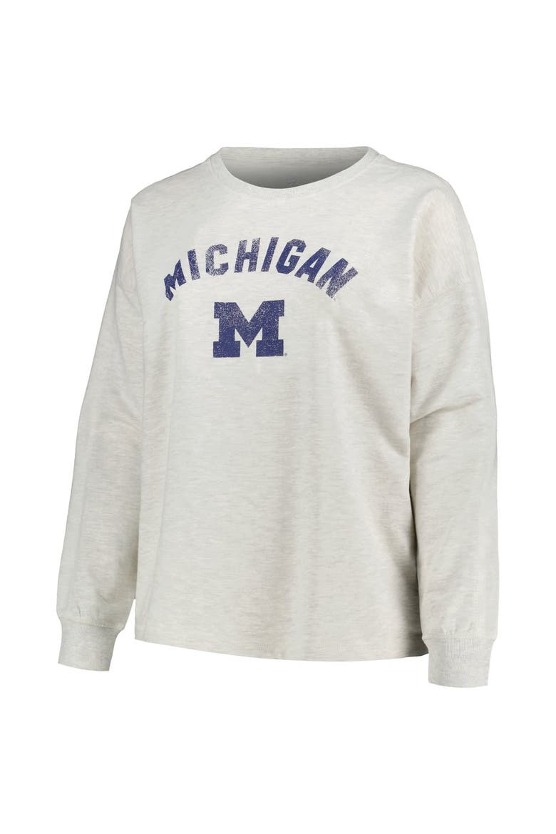 Women's Profile Oatmeal Michigan Wolverines Plus Size Distressed Arch Over Logo Neutral Boxy Pullover Sweatshirt, Alternate, color, Oatmeal