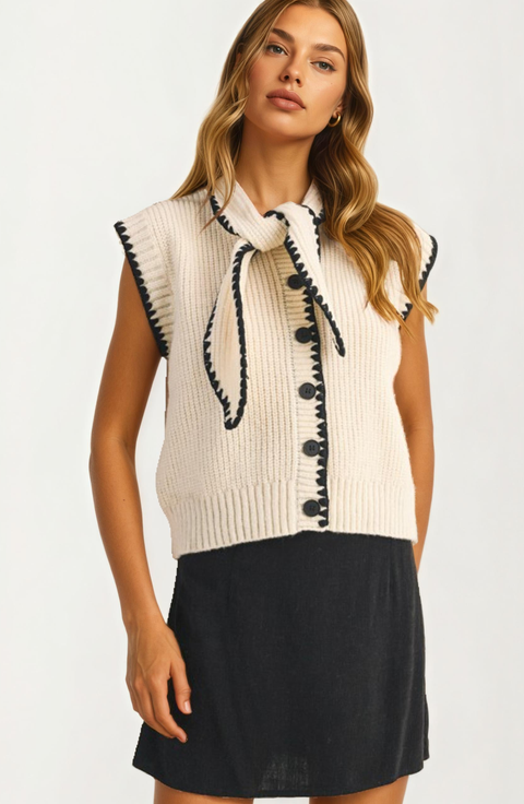 Contrast Trim Sleeveless Knit Vest with Tie Detail
