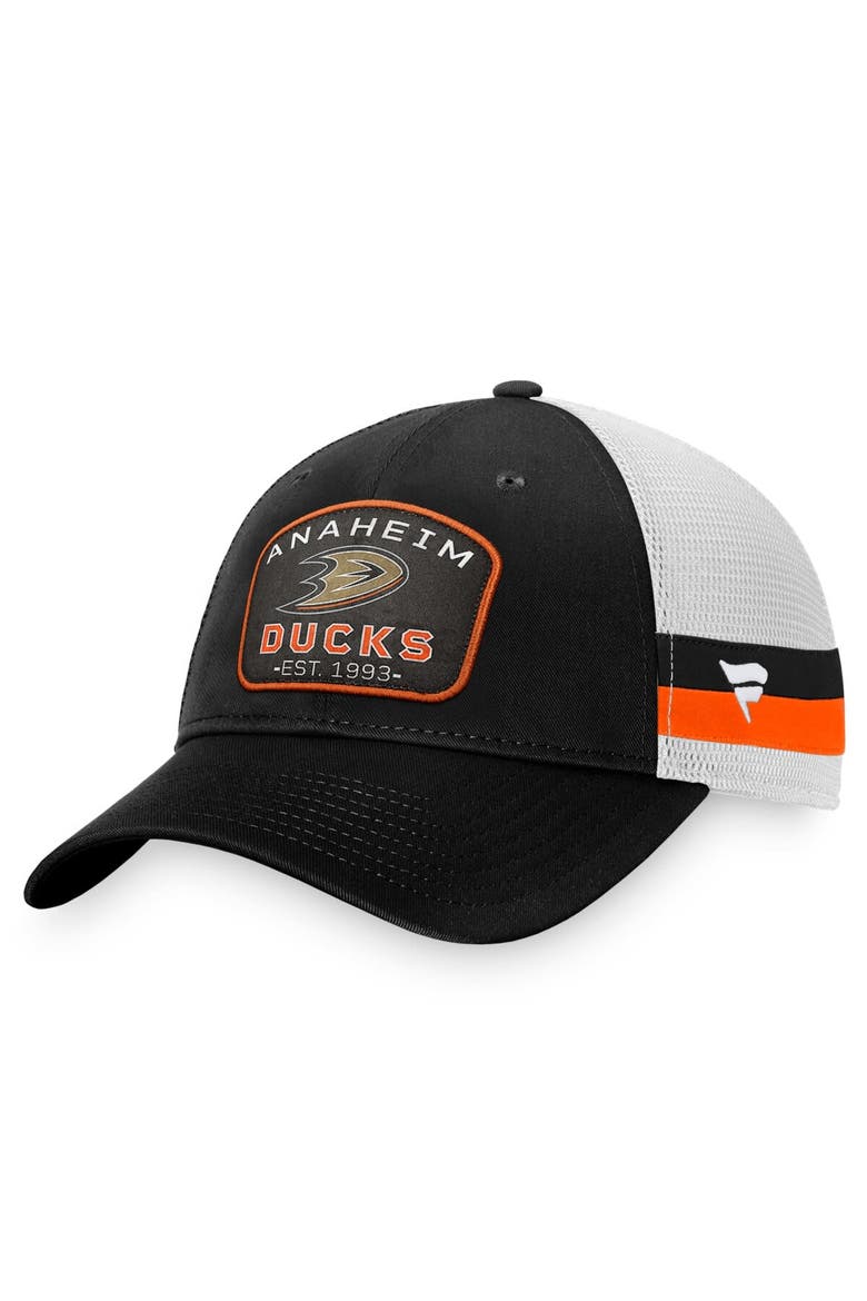 Men's Fanatics Branded Black/White Anaheim Ducks Fundamental Striped Trucker Adjustable Hat, Main, color, Black
