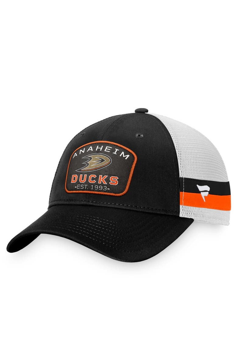FANATICS Men's Fanatics Branded Black/White Anaheim Ducks Fundamental Striped Trucker Adjustable Hat, Main, color, 