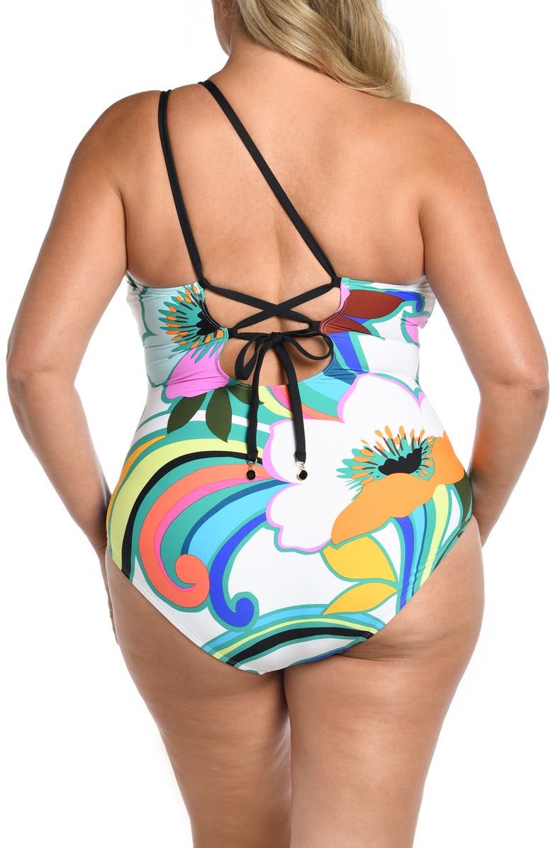 La Blanca Suncatcher One-Shoulder Lace-Up Back One-Piece Swimsuit, Alternate, color, White Floral Multi