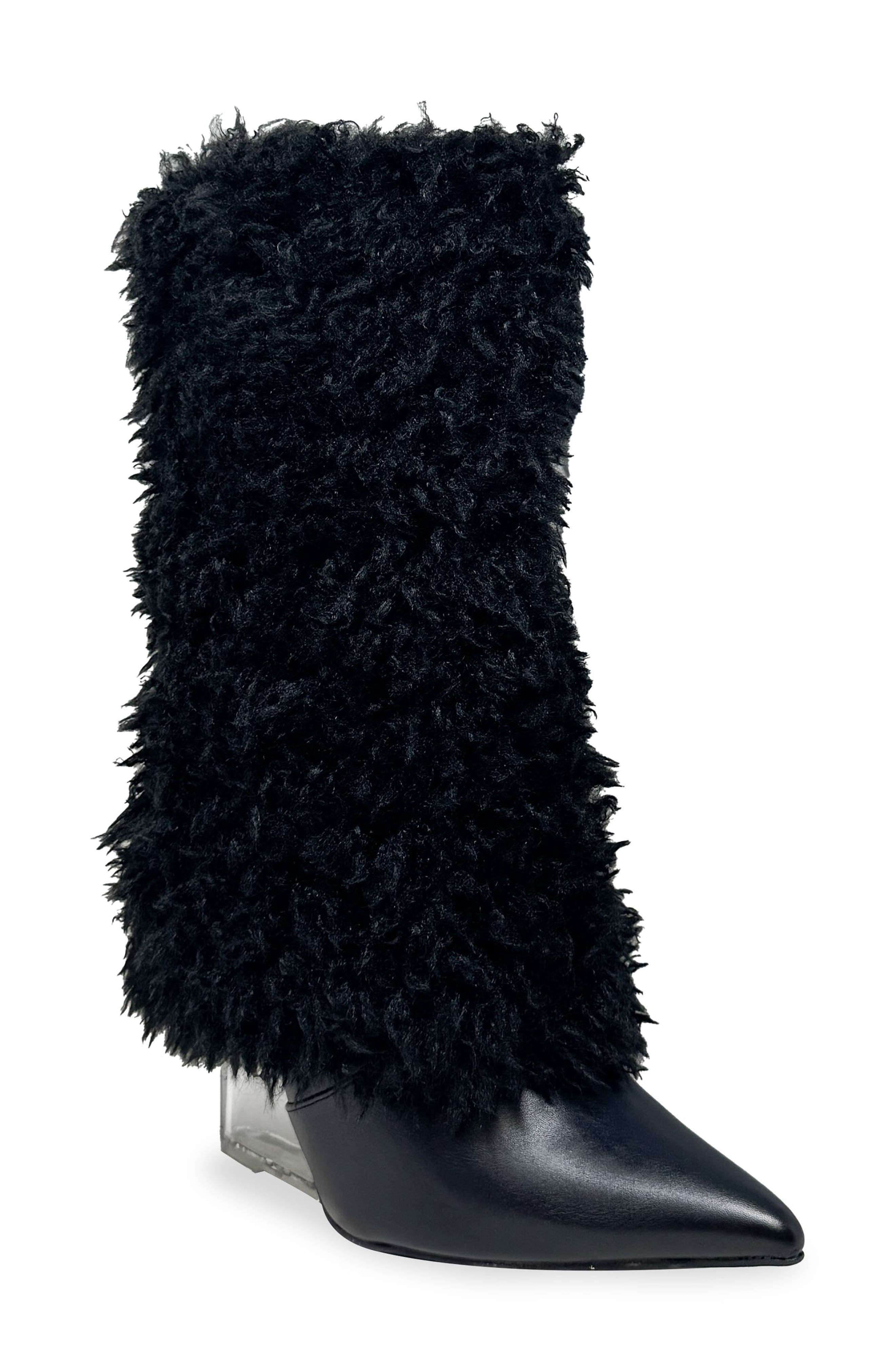 CHASE AND CHLOE Megham Faux Fur Wedge Heel Bootie, Main, color, Black