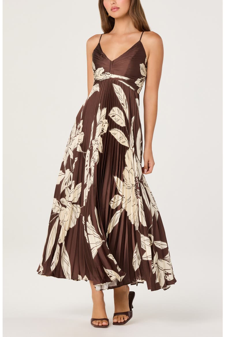 Clea Pleated Midi Dress, Main, color, BROWN FLORAL