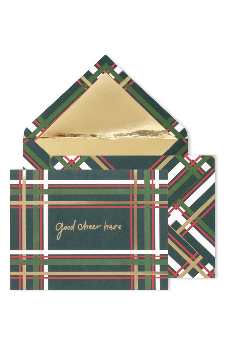 Kate Spade New York spruce plaid set of 10 holiday boxed cards, Main, color, 