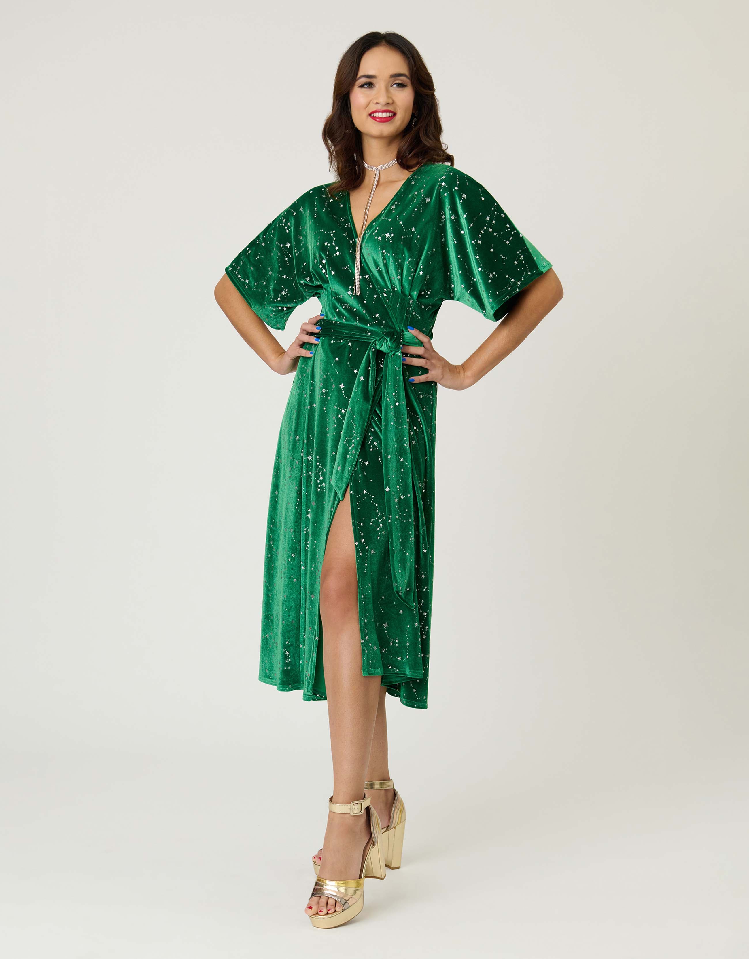 Unique Vintage Velvet Tie Wrap Surplice Midi Dress In Green