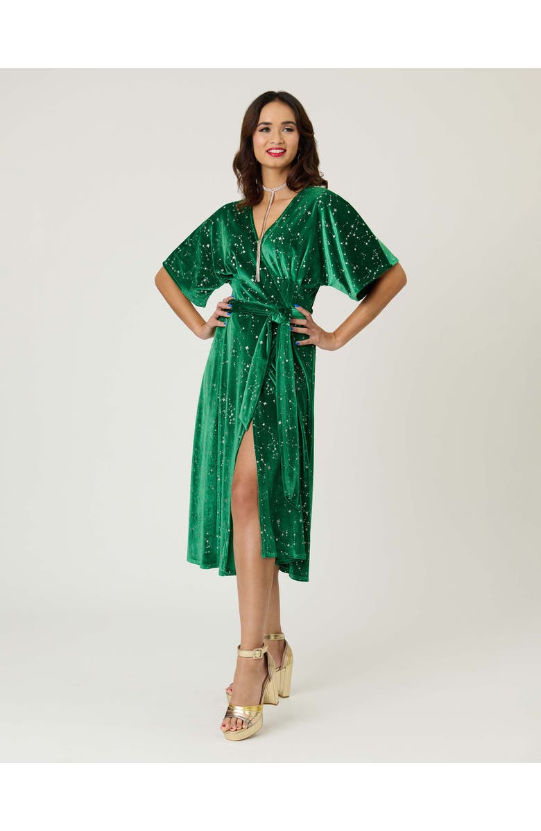 Unique Vintage Velvet Tie Wrap Surplice Midi Dress, Main, color, Green & Silver
