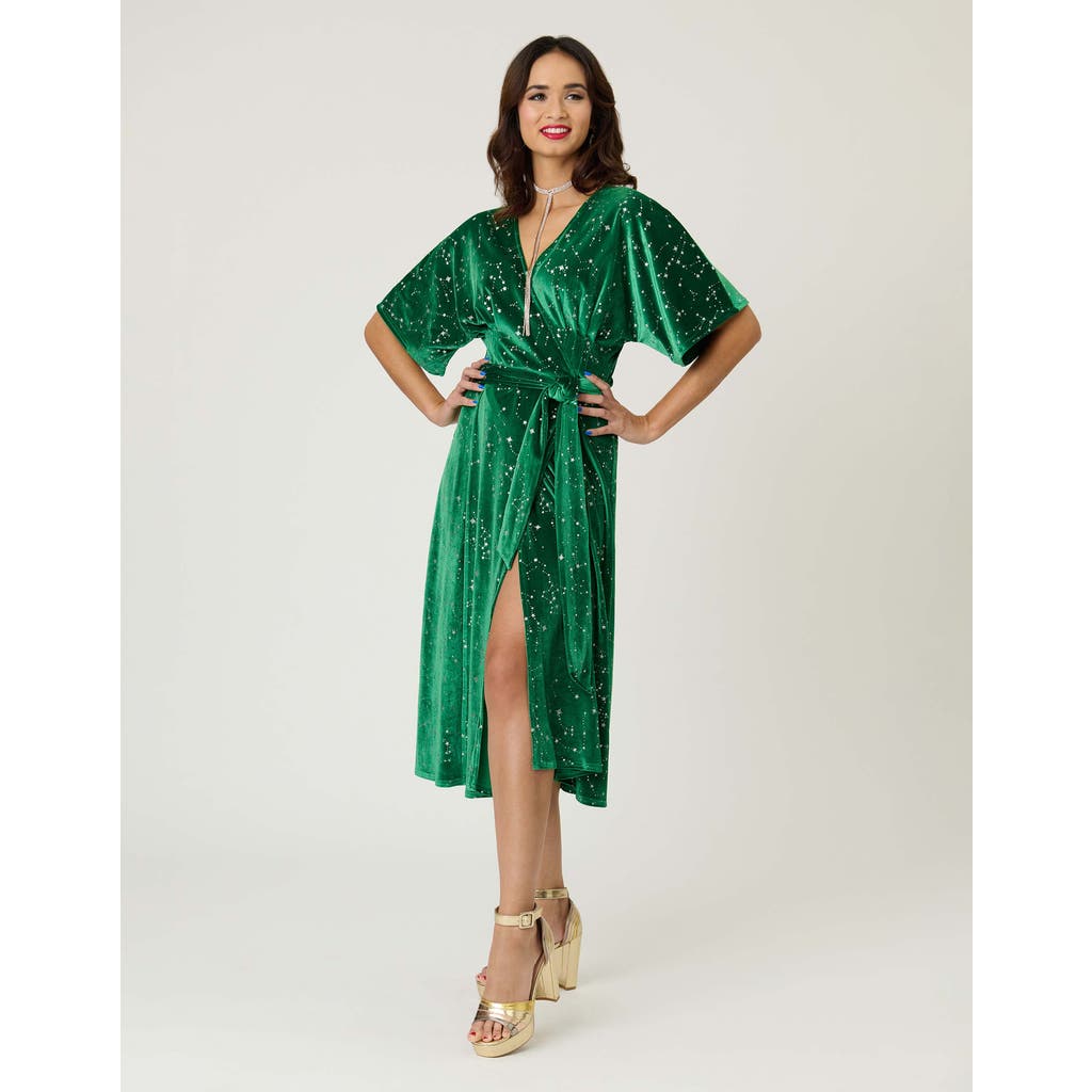 Unique Vintage Velvet Tie Wrap Surplice Midi Dress In Green