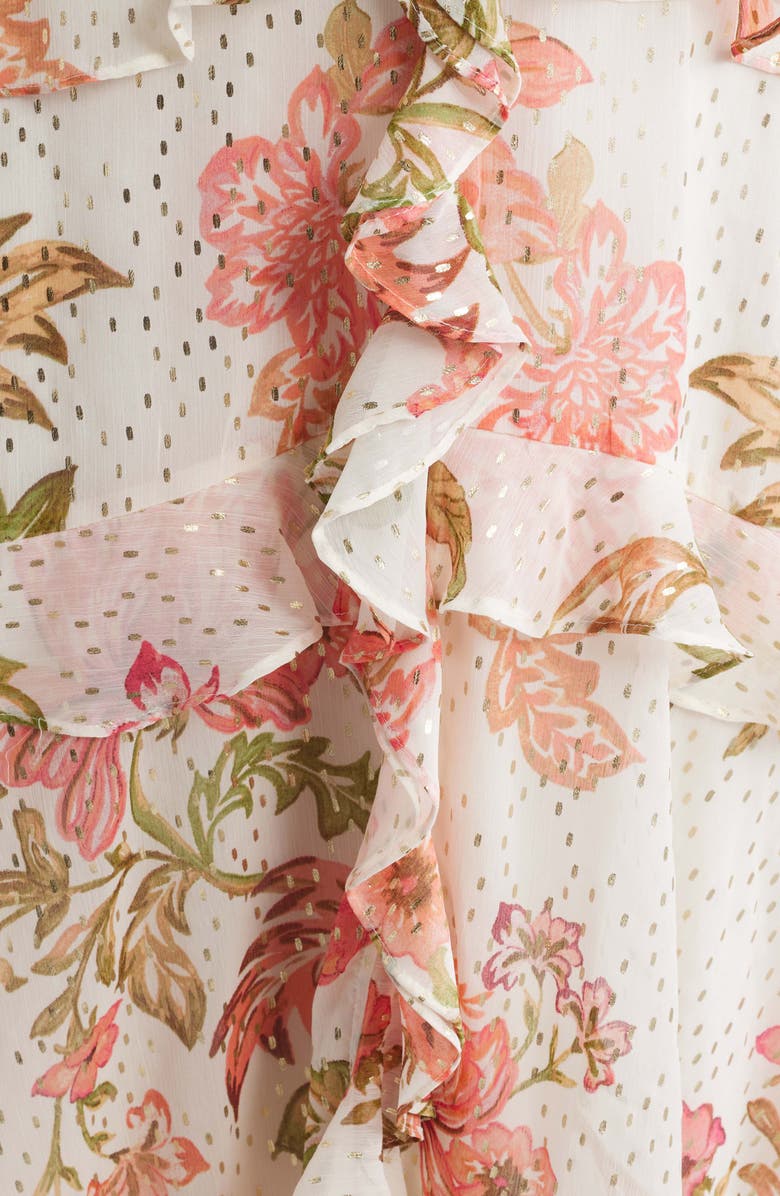 CeCe Floral Metallic Detail Cascade Ruffle Dress, Alternate, color, Egret