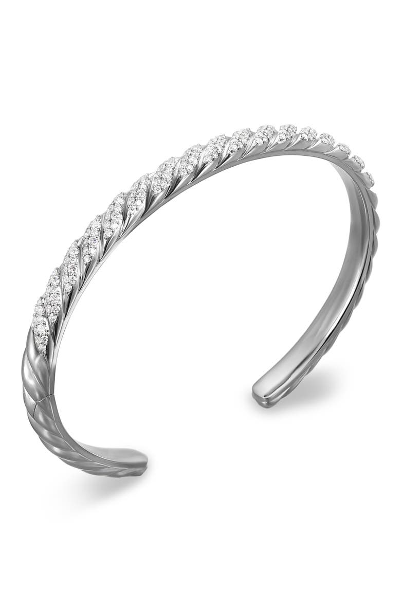 Men's Sculpted Cable Cuff Bracelet in 18K White Gold with Diamonds, 5.5mm, Alternate, color, 18K WHITE GOLD