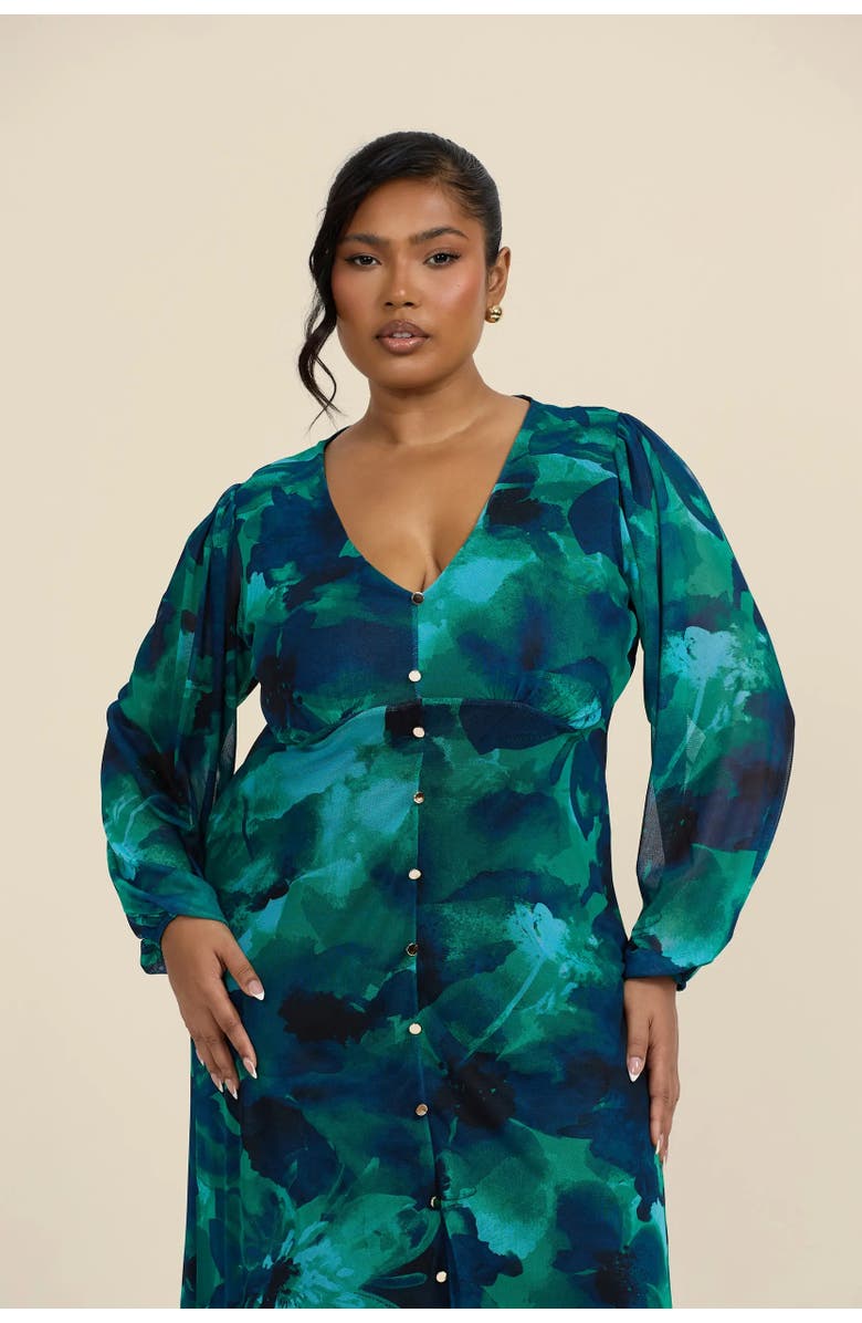FASHION-SZN CURVE Button Up Plisse Midi Dress, Alternate, color, Green