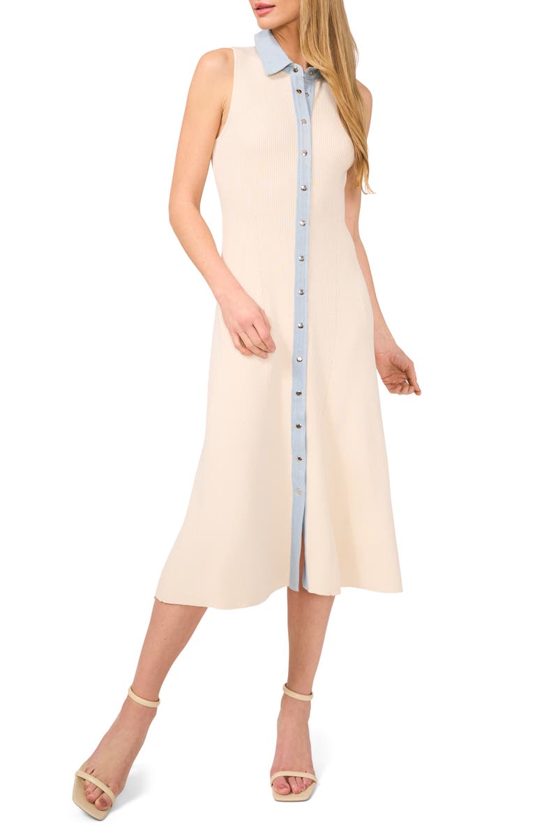 CeCe Rib Denim Trim Midi Shirtdress, Main, color, Swan