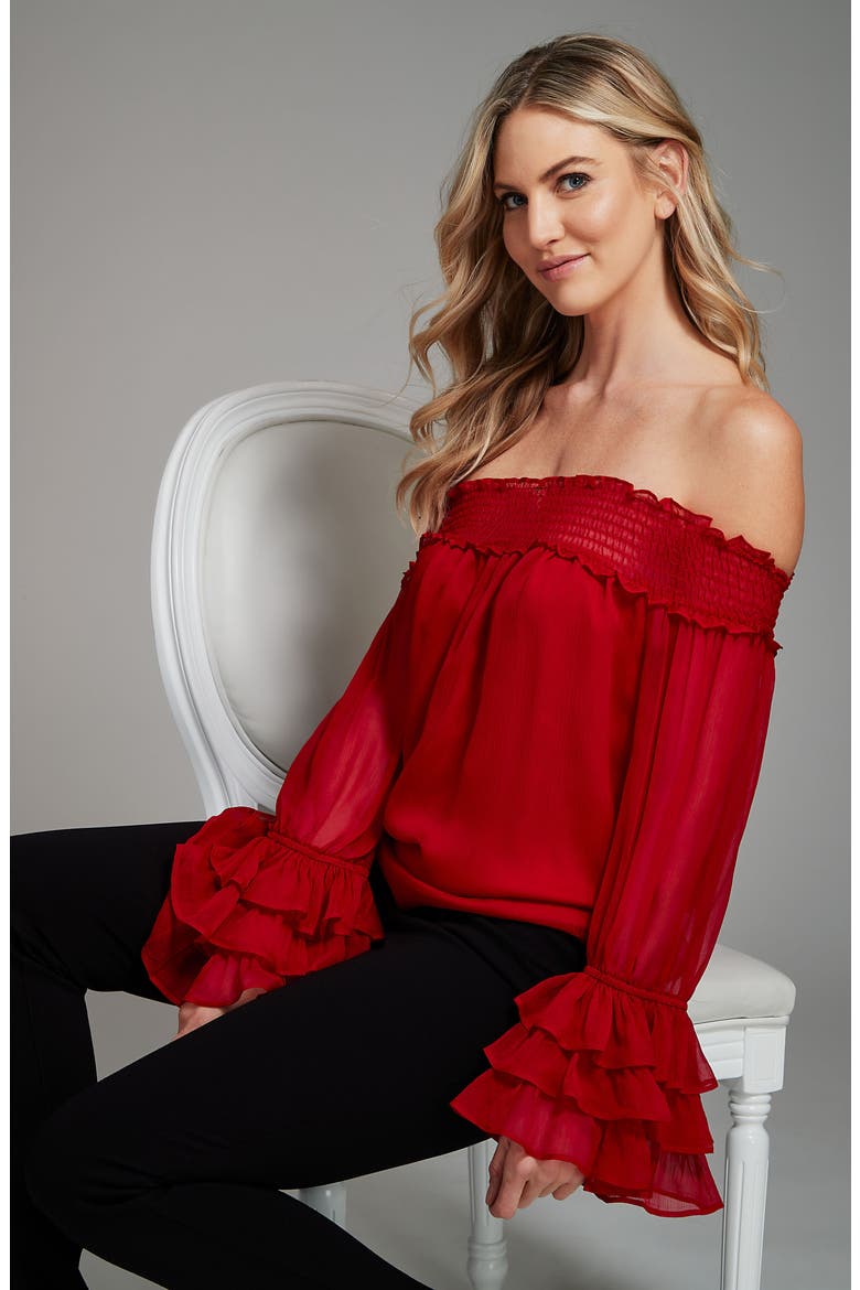 Smocked Off the Shoulder Blouse, Alternate, color, RIBBON RED